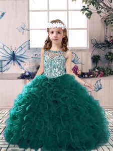 Peacock Green Ball Gowns Scoop Sleeveless Organza Floor Length Lace Up Beading and Ruffles Pageant Gowns For Girls