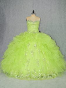Sweetheart Sleeveless Sweet 16 Dress Floor Length Beading and Ruffles Yellow Green Organza