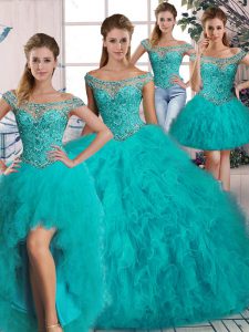 Most Popular Aqua Blue Off The Shoulder Neckline Beading and Ruffles Sweet 16 Dresses Long Sleeves Lace Up