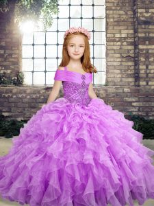 Glorious Lavender Straps Neckline Beading and Ruffles Girls Pageant Dresses Sleeveless Lace Up