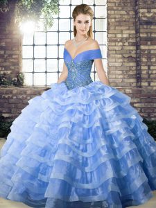 Flare Ball Gowns Sleeveless Blue Sweet 16 Dress Brush Train Lace Up