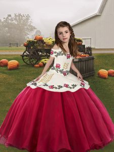 Coral Red Lace Up Straps Embroidery Pageant Gowns For Girls Organza Sleeveless