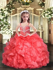 Coral Red Straps Neckline Beading and Ruffles Child Pageant Dress Sleeveless Lace Up