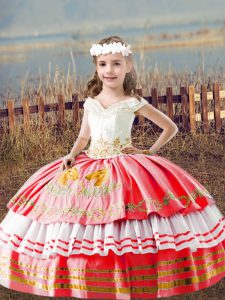 Sleeveless Satin Floor Length Lace Up Kids Formal Wear in Watermelon Red with Embroidery