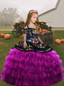 Amazing Fuchsia Lace Up Straps Embroidery and Ruffled Layers Pageant Gowns For Girls Organza Sleeveless
