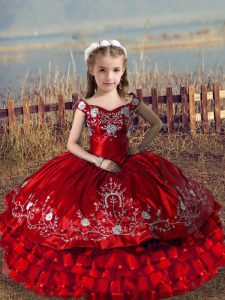 Perfect Floor Length Red Little Girl Pageant Dress Off The Shoulder Sleeveless Lace Up