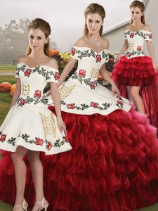 Organza Off The Shoulder Sleeveless Lace Up Embroidery and Ruffled Layers Sweet 16 Quinceanera Dress in Wine Red