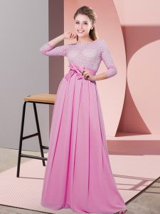 Vintage Floor Length Rose Pink Quinceanera Dama Dress Chiffon 3 4 Length Sleeve Lace and Belt