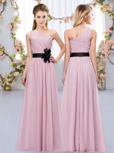 Beauteous One Shoulder Sleeveless Damas Dress Floor Length Belt Pink Chiffon