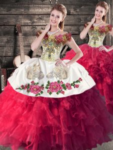 Fashion Floor Length Pink And White Sweet 16 Dress Satin and Organza Sleeveless Embroidery and Ruffles