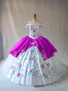 Decent White And Purple Lace Up Off The Shoulder Embroidery and Ruffles Quinceanera Gowns Organza Sleeveless