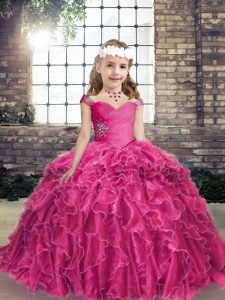 Organza Straps Sleeveless Lace Up Beading and Ruffles Child Pageant Dress in Fuchsia