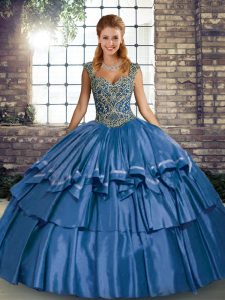 Modern Blue Sleeveless Taffeta Lace Up 15 Quinceanera Dress for Military Ball and Sweet 16 and Quinceanera