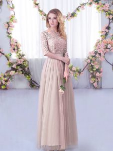 Customized Half Sleeves Floor Length Lace and Belt Side Zipper Quinceanera Court of Honor Dress with Pink