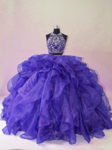 Suitable Purple Halter Top Backless Beading and Ruffles Quinceanera Dresses Brush Train Sleeveless