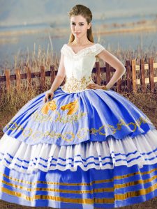 Spectacular Blue And White Sleeveless Asymmetrical Embroidery and Ruffled Layers Lace Up Sweet 16 Dress