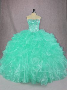 Turquoise Lace Up Strapless Beading and Ruffles Quinceanera Gown Organza Sleeveless