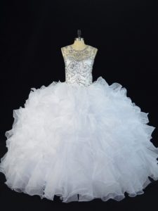 New Style Sleeveless Organza Floor Length Lace Up Vestidos de Quinceanera in White with Beading and Ruffles