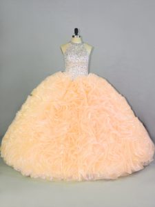 Halter Top Sleeveless Organza Quinceanera Dress Beading and Ruffles Lace Up