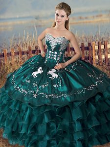 Custom Fit Ball Gowns Quince Ball Gowns Peacock Green Sweetheart Satin and Organza Sleeveless Floor Length Lace Up