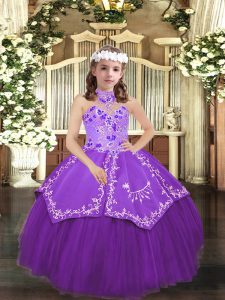 Floor Length Eggplant Purple Little Girl Pageant Dress Tulle Sleeveless Embroidery
