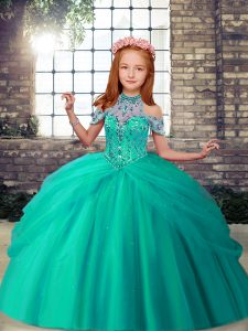 Custom Made Floor Length Turquoise Child Pageant Dress High-neck Sleeveless Lace Up