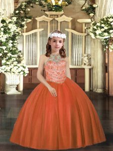 Sleeveless Floor Length Beading Lace Up Girls Pageant Dresses with Rust Red