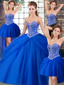 Elegant Royal Blue Sweetheart Lace Up Beading and Pick Ups Quinceanera Gown Brush Train Sleeveless