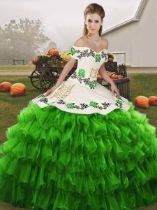Sleeveless Organza Floor Length Lace Up Sweet 16 Dresses in Green with Embroidery and Ruffled Layers