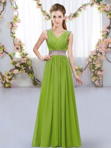 Olive Green V-neck Lace Up Beading and Belt Damas Dress Sleeveless