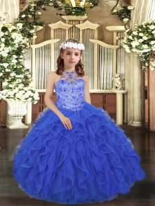 Royal Blue Tulle Lace Up Little Girl Pageant Dress Sleeveless Floor Length Beading and Ruffles