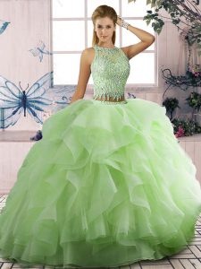 Affordable Sleeveless Floor Length Beading and Ruffles Lace Up Quinceanera Gowns with Yellow Green