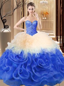 Floor Length Multi-color Vestidos de Quinceanera Fabric With Rolling Flowers Sleeveless Beading and Ruffles