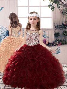 Burgundy Organza Lace Up Scoop Sleeveless Floor Length Little Girl Pageant Dress Beading and Ruffles