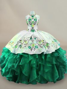 Stunning Dark Green Quinceanera Dress Sweet 16 and Quinceanera with Embroidery Halter Top Sleeveless Lace Up