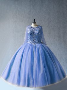 Vintage Floor Length Lace Up Ball Gown Prom Dress Blue for Sweet 16 and Quinceanera with Beading