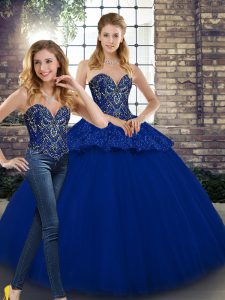 Glamorous Floor Length Lace Up 15th Birthday Dress Royal Blue for Military Ball and Sweet 16 and Quinceanera with Beading and Appliques