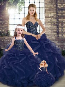 Fantastic Sweetheart Sleeveless Quinceanera Gown Floor Length Beading and Ruffles Navy Blue Tulle