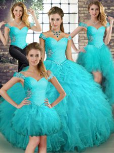 Aqua Blue Ball Gowns Off The Shoulder Sleeveless Tulle Floor Length Lace Up Beading and Ruffles Quinceanera Dress