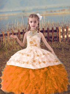 Halter Top Sleeveless Little Girl Pageant Dress Floor Length Beading and Embroidery and Ruffles Orange Red Organza