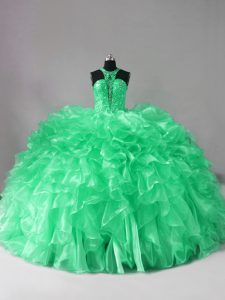 Organza Halter Top Sleeveless Brush Train Lace Up Beading and Ruffles Vestidos de Quinceanera in Green