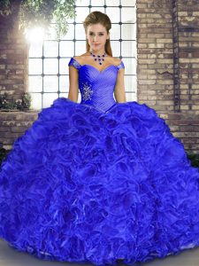 Romantic Royal Blue Ball Gowns Off The Shoulder Sleeveless Organza Floor Length Lace Up Beading and Ruffles Quince Ball Gowns