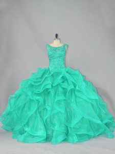 Turquoise Ball Gowns Beading and Ruffles Sweet 16 Dresses Lace Up Organza Sleeveless Floor Length