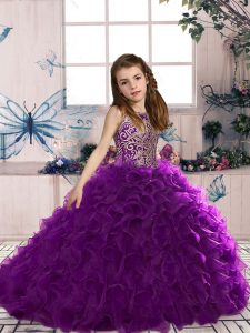Eggplant Purple Lace Up Little Girl Pageant Gowns Beading and Ruffles Sleeveless Floor Length