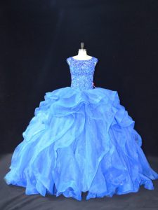 Blue Ball Gowns Beading and Ruffles Vestidos de Quinceanera Lace Up Organza Sleeveless