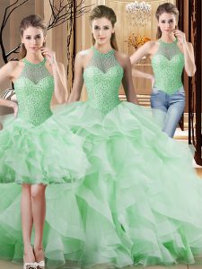 Exceptional Apple Green 15th Birthday Dress Halter Top Sleeveless Brush Train Lace Up