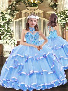 Superior Organza High-neck Sleeveless Lace Up Appliques and Ruffled Layers Little Girls Pageant Dress Wholesale in Baby Blue