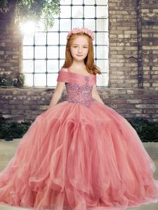 Ball Gowns Pageant Gowns For Girls Watermelon Red Straps Tulle Sleeveless Floor Length Lace Up