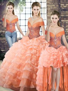 Fashion Peach Three Pieces Organza Off The Shoulder Sleeveless Beading and Ruffled Layers Lace Up Sweet 16 Dress Brush Train