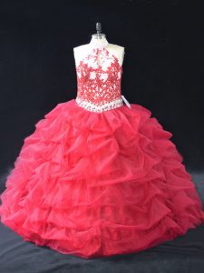 Super Sleeveless Floor Length Beading and Lace Backless 15 Quinceanera Dress with Red